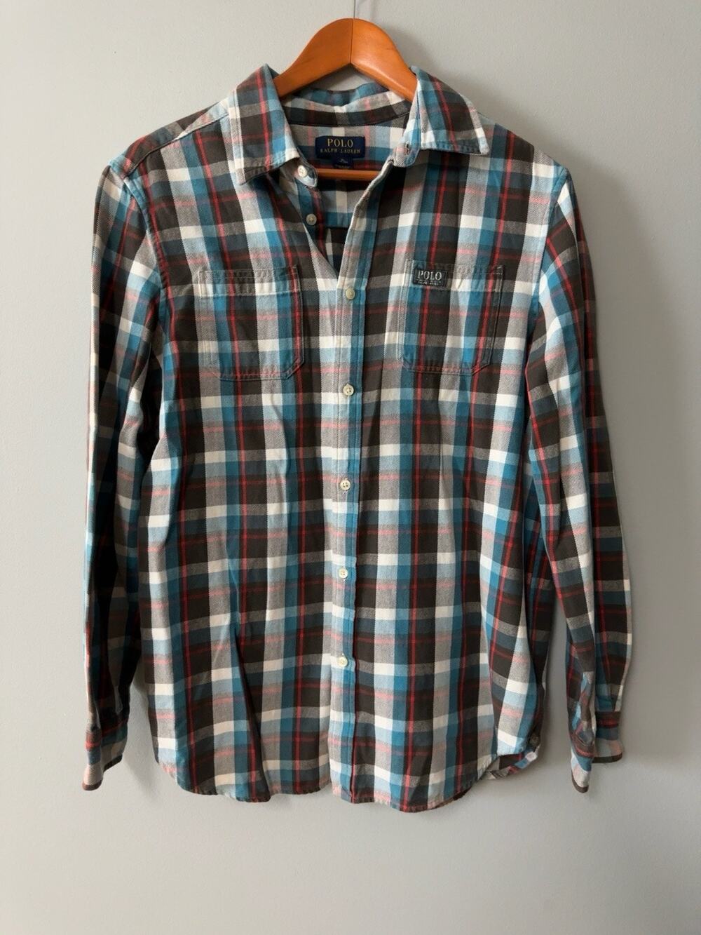 Polo Ralph Lauren XL Plaid Flannel Button Shirt Blue Brown Cotton
